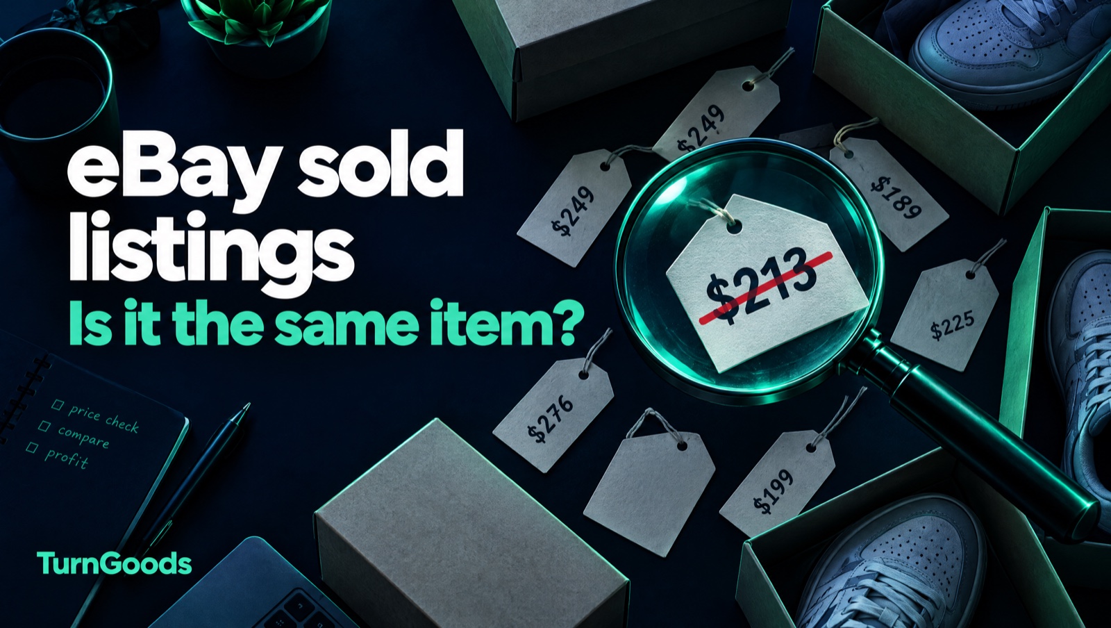 A magnifying glass over a struck-through $213 price tag among sneaker boxes: eBay sold listings, is it the same item?